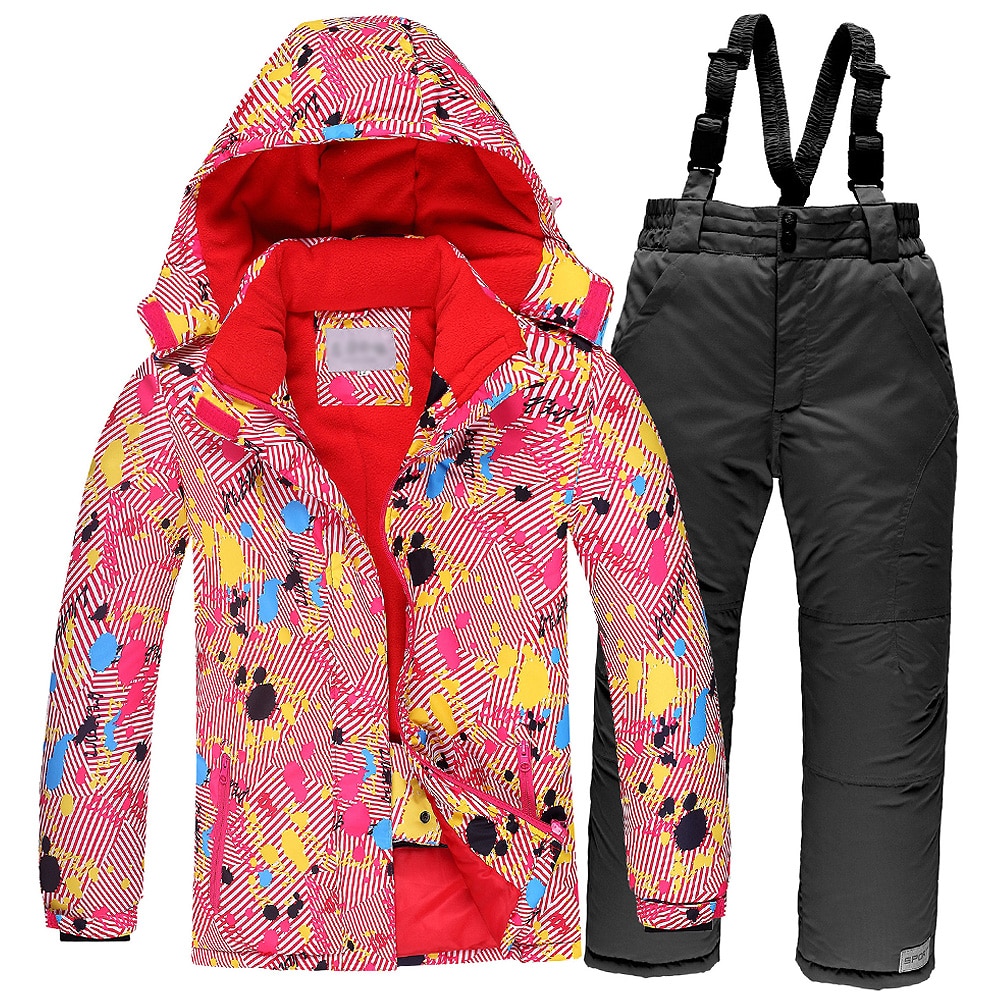 스키복 후드 방수 따뜻한 재킷 + 빕 바지 세트 여아용, 겨울 스노우슈트 스노우보딩용 스트라이프